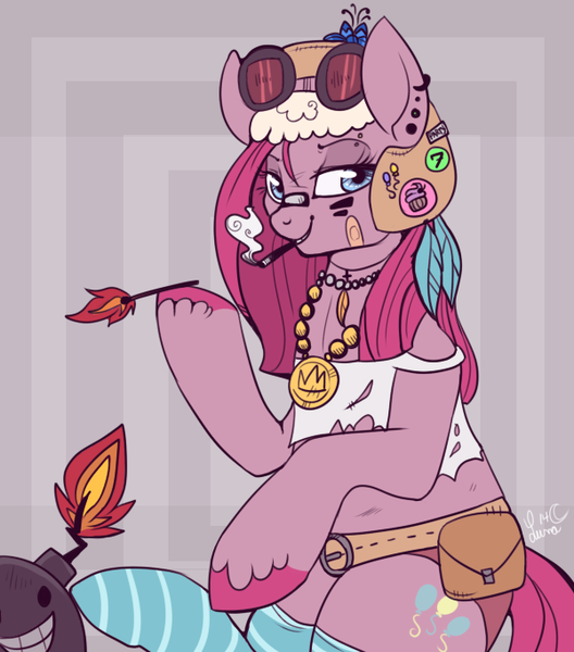 Size: 600x682 | Tagged: artist:lulubell, bomb, cigarette, clothes, derpibooru import, match, piercing, pinkamena diane pie, pinkie pie, safe, smoking, socks, solo, striped socks, tank girl