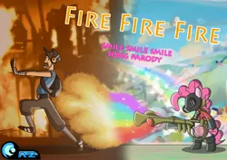 Size: 3508x2480 | Tagged: artist:az-derped-unicorn, derpibooru import, flamethrower, high res, meet the pyro, meet the x, pinkie pie, pinkie pyro, pyro, rainblower, safe, scout, team fortress 2, weapon