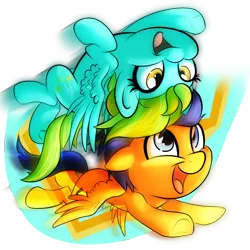 Size: 1500x1500 | Tagged: artist:turrkoise, backwards cutie mark, brother and sister, chibi, cute, derpibooru import, diasentres, dustabetes, flash sentry, flying, headcanon, lightning dust, safe, siblings