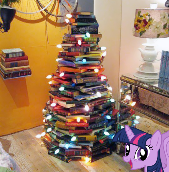 Size: 1806x1832 | Tagged: safe, derpibooru import, twilight sparkle, twilight sparkle (alicorn), alicorn, pony, book, christmas tree, female, happy, irl, mare, open mouth, photo, ponies in real life, smiling, solo, tree