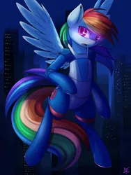 Size: 3000x4000 | Tagged: artist:spittfireart, bedroom eyes, bodysuit, bubblegum crisis, city, crossover, cyborg, derpibooru import, female, glowing eyes, hardsuit, night, open mouth, pegasus, rainbow dash, safe, semi-anthro, solo