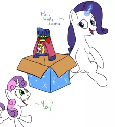 Size: 1200x1333 | Tagged: safe, artist:varemia, derpibooru import, rarity, sweetie belle, clothes, magic, open mouth, present, sitting, sweater