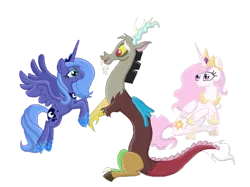 Size: 800x597 | Tagged: safe, artist:veliska, derpibooru import, discord, princess celestia, princess luna, pink-mane celestia, s1 luna, simple background, younger