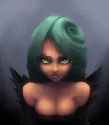 Size: 500x575 | Tagged: safe, artist:zelatynowy, derpibooru import, queen chrysalis, human, bust, cleavage, female, humanized, looking at you, solo