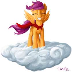Size: 1278x1278 | Tagged: safe, artist:da-exile, derpibooru import, scootaloo, pegasus, pony, cape, clothes, cloud, cmc cape, cute, cutealoo, eyes closed, female, filly, grin, newbie artist training grounds, on a cloud, signature, simple background, smiling, solo, spread wings, standing, transparent background, wind, windswept mane