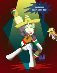 Size: 800x1018 | Tagged: applejack, artist:ladyanidraws, clothes, derpibooru import, maracas, musical instrument, poncho, rarity, safe, sombrero, sweetie belle