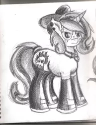 Size: 763x1000 | Tagged: safe, artist:chrisdb0, derpibooru import, oc, oc:lilith, unofficial characters only, pony, succubus, unicorn, bow, clothes, freckles, monochrome, piercing, sketch, solo, stockings, traditional art