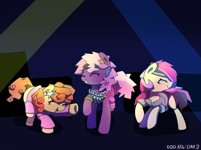 Size: 1000x750 | Tagged: 80s, 80s cheerilee, artist:joyfulinsanity, carrot top, cheerilee, dancing, derpibooru import, golden harvest, roseluck, safe