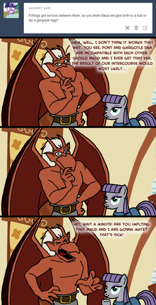 Size: 854x1671 | Tagged: artist:flyingbrickanimation, ask, ask maudlyn, brooklyn, crossover, crossover shipping, derpibooru import, female, gargoyles, male, maudlyn, maud pie, safe, shipping, straight, tumblr, tumblr comic