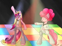 Size: 2300x1700 | Tagged: safe, artist:novaspark, derpibooru import, pinkie pie, princess cadance, alicorn, earth pony, pony, 1970s, 70s, afro, belly button, bipedal, chest fluff, clothes, dancing, disco, disco dance, female, hippie, john travolta, mare, midriff, peace sign, saturday night fever