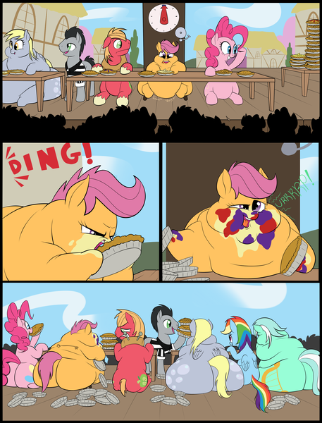 Size: 2100x2756 | Tagged: questionable, artist:calorie, derpibooru import, big macintosh, derpy hooves, lucky clover, lyra heartstrings, pinkie pie, rainbow dash, scootaloo, earth pony, pony, aderpose, balloonbutt, belly, big belly, bigger macintosh, bingo wings, bubble butt, burp, chubby, chubby cheeks, clock, comic, double chin, eating, eating contest, fat, huge belly, huge butt, impossibly large belly, impossibly large butt, impossibly large everything, male, messy eating, morbidly obese, multichin, neck fat, neck roll, obese, onomatopoeia, pie, pie tin, plot, plotline, pudgy pie, referee, rolls of fat, scootalard, slob, stage, stallion, stomach noise, stuffing, the ass was fat, weight gain, wide hips