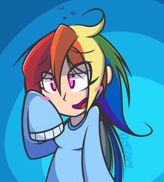 Size: 1543x1715 | Tagged: artist:dahhez, blushing, clothes, derpibooru import, human, humanized, rainbow dash, safe, solo, sweater