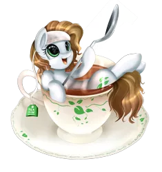 Size: 2183x2319 | Tagged: safe, artist:pridark, derpibooru import, oc, unofficial characters only, pony, cup of pony, micro, simple background, solo, spoon, teabag, teacup, tiny ponies, transparent background