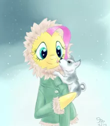 Size: 970x1100 | Tagged: artist:wafflecannon, fluttershy, husky, puppy, safe, snow, snowfall