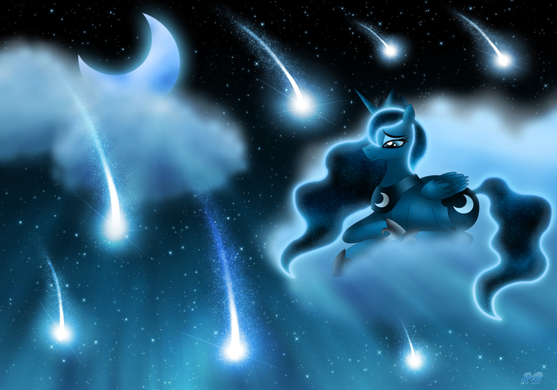 Size: 2589x1811 | Tagged: artist:rose-beuty, cloud, cloudy, derpibooru import, moon, night, princess luna, prone, safe, shooting stars, solo