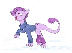 Size: 1142x850 | Tagged: safe, artist:carnifex, derpibooru import, oc, oc:lavender, unofficial characters only, dracony, hybrid, clothes, interspecies offspring, leg warmers, looking up, offspring, open mouth, parent:rarity, parent:spike, parents:sparity, simple background, smiling, snow, snowfall, solo, sweater, tongue out, walking, white background