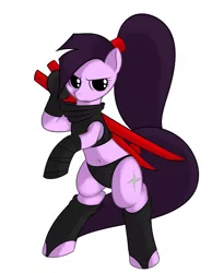 Size: 735x945 | Tagged: safe, artist:kloudmutt, derpibooru import, oc, unofficial characters only, earth pony, pony, belly button, bipedal, clothes, female, mare, midriff, ninja, ninjato, pony tails, solo