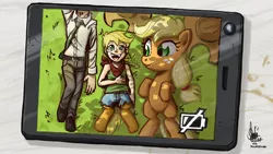 Size: 1100x619 | Tagged: applejack, artist:theartrix, cover art, daughter, derpibooru import, fanfic, father, human, mother, oc, oc:anon, oc:cinnamon cider, offspring, parent:applejack, phone, safe, satyr