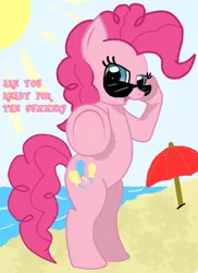 Size: 576x792 | Tagged: safe, artist:aoshistark, derpibooru import, pinkie pie, pony, beach, bipedal, solo, sunglasses