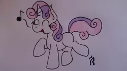 Size: 1024x576 | Tagged: artist:dawn-designs-art, dancing, derpibooru import, newbie artist training grounds, safe, solo, sweetie belle, traditional art