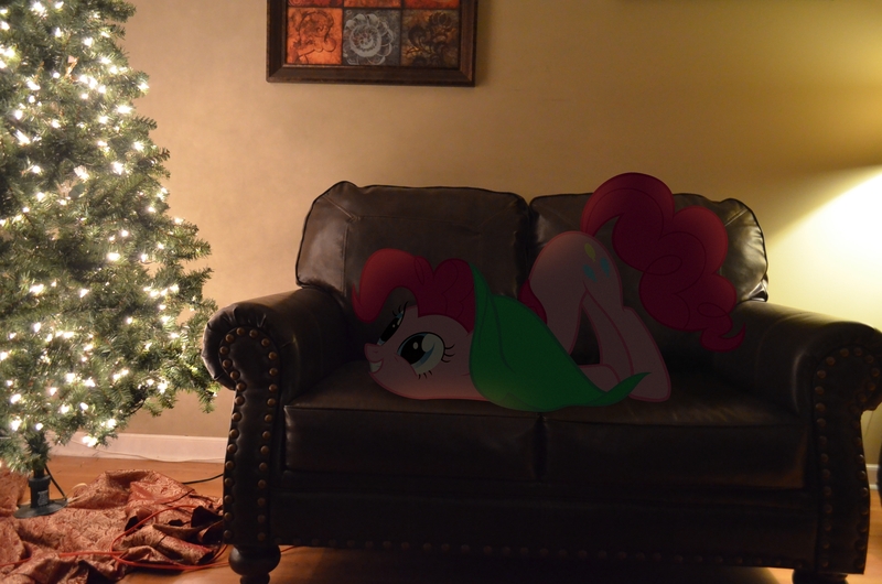 Size: 2464x1632 | Tagged: artist:oppositebros, blanket, christmas tree, couch, derpibooru import, irl, photo, pinkie pie, ponies in real life, safe, solo, tree