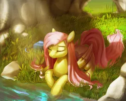 Size: 2500x2000 | Tagged: safe, artist:santagiera, derpibooru import, fluttershy, pegasus, pony, crepuscular rays, eyes closed, female, forest, grass, long mane, mane, mare, nature, outdoors, prone, resting, river, rock, solo, sunlight, water