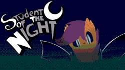 Size: 640x360 | Tagged: safe, artist:catanddogsoup, derpibooru import, scootaloo, bat pony, pony, animated, banner, bat ponified, race swap, scootabat, solo, student of the night