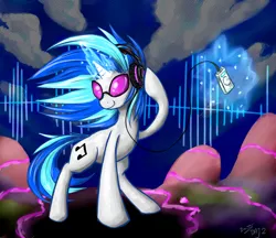 Size: 2200x1900 | Tagged: safe, artist:benjik, derpibooru import, vinyl scratch, pony, unicorn, cutie mark, female, glowing horn, headphones, hooves, horn, levitation, magic, mare, music player, newbie artist training grounds, smiling, solo, sunglasses, telekinesis