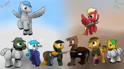 Size: 1280x716 | Tagged: safe, artist:the-furry-railfan, derpibooru import, oc, oc:featherweight, oc:minty candy, oc:moral fringe, oc:twintails, unofficial characters only, earth pony, gryphon, pegasus, pony, unicorn, fallout equestria, fallout equestria: merchants of hope, fallout equestria: occupational hazards, anti-materiel rifle, armor, b.a.r., cannon, gauss rifle, gun, power armor, rifle, steel ranger, steel rangers, weapon