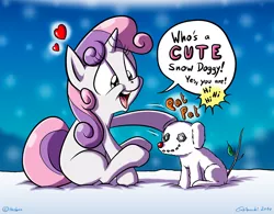 Size: 1280x1000 | Tagged: artist:tobibrocki, cute, derpibooru import, diasweetes, dog, heart, laughing, open mouth, safe, sitting, smiling, snow, snowfall, snowman, solo, sweetie belle