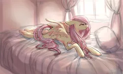 Size: 1548x935 | Tagged: artist:ange4l, bed, cute, derpibooru import, eyes closed, floppy ears, fluttershy, happy, morning, prone, safe, smiling, solo, spread wings, stretching, underhoof, window