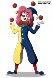 Size: 1062x1593 | Tagged: artist:elstiv, clown, clown nose, cute, derpibooru import, human, humanized, jester, jester pie, juggling, pinkie pie, safe, solo