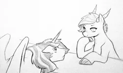 Size: 2048x1218 | Tagged: safe, artist:kianamai, derpibooru import, oc, oc:crystal clarity, oc:valiant heart, unofficial characters only, alicorn, dracony, hybrid, pony, kilalaverse, alicorn oc, female, freckles, interspecies offspring, male, mare, monochrome, next generation, offspring, parent:princess cadance, parent:rarity, parent:shining armor, parent:spike, parents:shiningcadance, parents:sparity, pencil drawing, stallion, traditional art