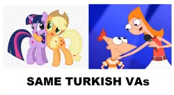 Size: 1003x549 | Tagged: applejack, candace flynn, derpibooru import, exploitable meme, meme, phineas and ferb, phineas flynn, safe, same voice actor, turkish, twilight sparkle