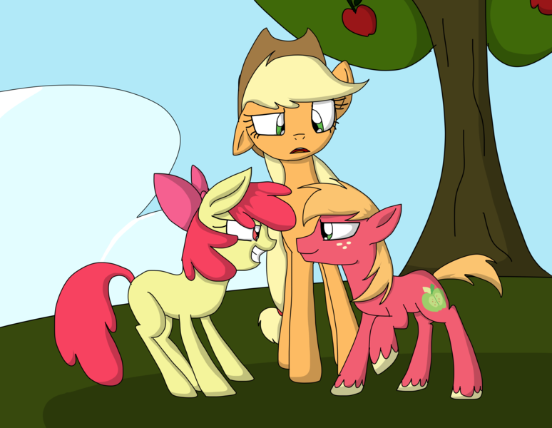 Size: 2564x1988 | Tagged: safe, artist:violetandblaire, derpibooru import, apple bloom, applejack, big macintosh, earth pony, pony, age regression, apple siblings, colt, male, stallion