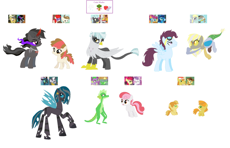 Size: 2424x1568 | Tagged: safe, artist:unoriginai, derpibooru import, apple bloom, sweetie belle, oc, unofficial characters only, changeling, classical hippogriff, draconequus, dracony, dragon, earth pony, gryphon, hippogriff, hybrid, pegasus, pony, adoptable, adopted, baby, braecake, colt, crack shipping, cute, derpycord, feathertwist, female, filly, goddamnit unoriginai, interspecies offspring, lesbian, magical gay spawn, magical lesbian spawn, male, offspring, parent:apple bloom, parent:braeburn, parent:carrot cake, parent:daring do, parent:derpy hooves, parent:discord, parent:featherweight, parent:gummy, parent:king sombra, parent:queen chrysalis, parent:scootaloo, parent:soarin', parent:spike, parent:sweetie belle, parent:thunderlane, parent:twist, parent:zecora, parents:derpcord, parents:sweetiebloom, shipping, simple background, soarinloo, sombrado, spummy, sweetiebloom, white background, zecoralis