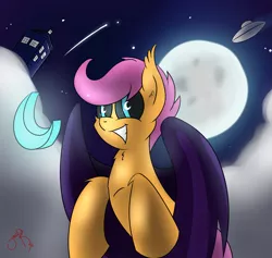 Size: 3465x3287 | Tagged: safe, artist:jorobro, derpibooru import, scootaloo, bat pony, pony, bat ponified, cloud, cloudy, doctor who, fluffy, flying, grin, looking at you, moon, night, race swap, scootabat, smiling, solo, squee, tardis, ufo