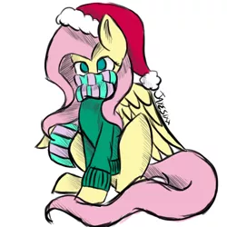 Size: 1024x1024 | Tagged: artist:jayesixx, bottomless, clothes, derpibooru import, fluttershy, hat, newbie artist training grounds, partial nudity, safe, scarf, simple background, sitting, solo, sweater, sweatershy