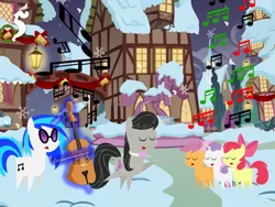 Size: 1024x768 | Tagged: safe, artist:bronybyexception, derpibooru import, apple bloom, octavia melody, scootaloo, sweetie belle, vinyl scratch, pony, advent calendar, cello, christmas, cutie mark crusaders, music, music notes, musical instrument, pointy ponies, snow