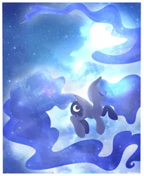 Size: 2300x2800 | Tagged: artist:hawthornss, dead source, derpibooru import, eyes closed, glowing horn, long mane, long tail, magic, moon, night, pretty, princess luna, safe, smiling, solo, stars