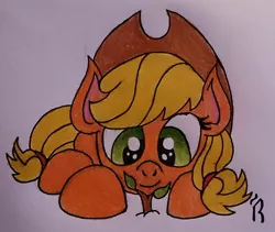Size: 1024x865 | Tagged: applejack, artist:dawn-designs-art, bloomberg, derpibooru import, newbie artist training grounds, prone, safe, smiling, solo, traditional art, younger