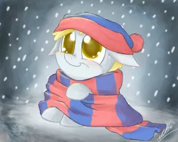 Size: 2500x2000 | Tagged: artist:natsu714, clothes, cute, derpabetes, derpibooru import, derpy hooves, filly, floppy ears, hat, safe, scarf, snow, snowfall, solo, winter