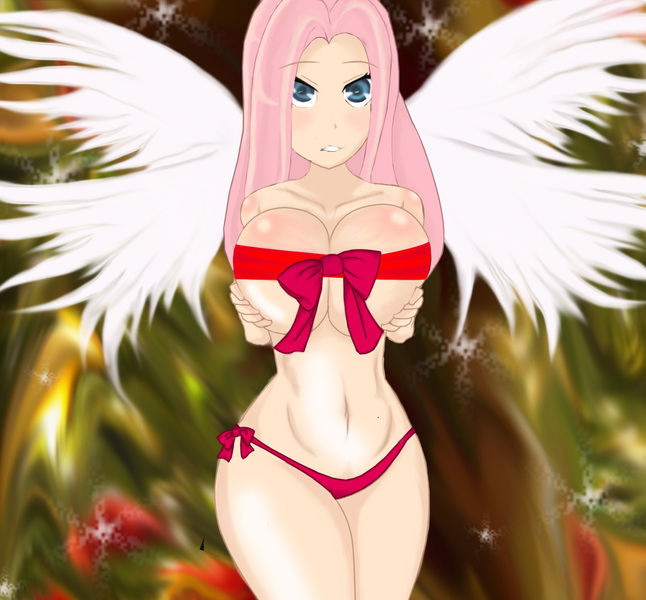 Size: 1366x1268 | Tagged: artist:vasilbite, breast grab, breasts, breast squeeze, busty fluttershy, derpibooru import, female, fluttershy, grope, human, humanized, ribbon, solo, solo female, strategically covered, suggestive, teasing, winged humanization