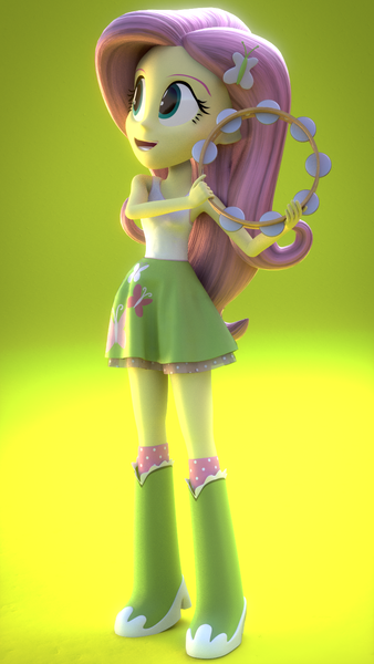 Size: 756x1344 | Tagged: safe, artist:creatorofpony, artist:jarg1994, derpibooru import, fluttershy, equestria girls, 3d, 3d model, blender, boots, clothes, musical instrument, skirt, solo, tambourine, tanktop