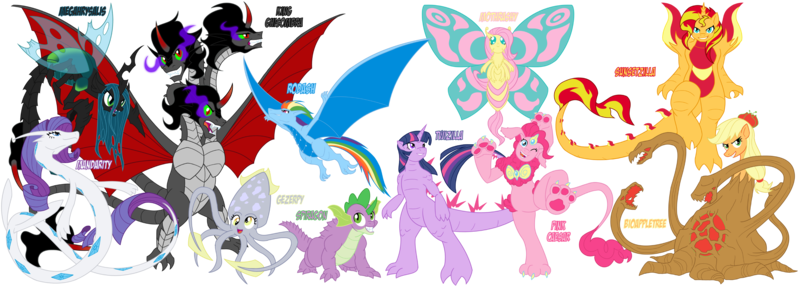 Size: 3360x1200 | Tagged: applejack, artist:atomic-chinchilla, baragon, biollante, crossover, derpibooru import, derpy hooves, fluttershy, gezora, godzilla, godzilla (series), kaiju, kaijufied, kaiju pony, king caesar, king ghidorah, king sombra, manda, mane seven, mane six, megaguirus, mothra, pinkie pie, queen chrysalis, rainbow dash, rarity, rodan, safe, simple background, spacegodzilla, species swap, spike, sunset shimmer, transparent background, twilight sparkle, twilight sparkle (alicorn), twizilla