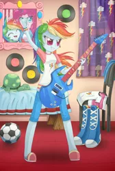 Size: 1344x2000 | Tagged: safe, artist:pauuhanthothecat, derpibooru import, pinkie pie, rainbow dash, tank, equestria girls, rainbow rocks, boots, clothes, electric guitar, football, grin, guitar, humanized, pajamas, record, slippers, smiling, smirk
