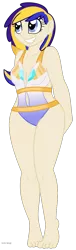 Size: 375x1233 | Tagged: absolute cleavage, artist:faith-wolff, barefoot, belly button, breasts, cleavage, clothes, derpibooru import, faithverse, feet, human, humanized, humanized oc, navel cutout, next generation, oc, oc:mi querida esperanza, offspring, one-piece swimsuit, open-back swimsuit, parent:princess cadance, parent:shining armor, parents:shiningcadance, safe, smiling, solo, swimsuit, unofficial characters only