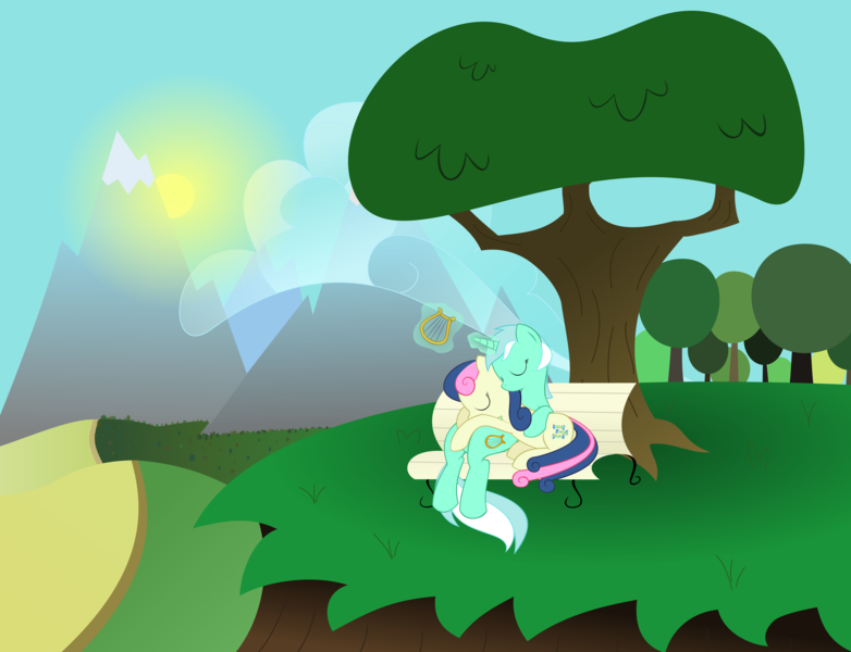 Size: 3100x2377 | Tagged: safe, artist:kalleflaxx, derpibooru import, bon bon, lyra heartstrings, sweetie drops, bench, eyes closed, female, lesbian, lyrabon, lyre, magic, shipping, tree