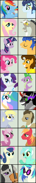 Size: 465x2364 | Tagged: safe, artist:pastellicious, derpibooru import, big macintosh, bon bon, cheerilee, cheese sandwich, derpy hooves, discord, doctor whooves, flash sentry, fluttershy, king sombra, lyra heartstrings, octavia melody, pinkie pie, princess celestia, rainbow dash, rarity, soarin', spike, sweetie drops, time turner, twilight sparkle, twilight sparkle (alicorn), vinyl scratch, alicorn, pony, backwards cutie mark, celestibra, cheerimac, cheesepie, discoshy, doctorderpy, female, flashlight, lesbian, lyrabon, male, mare, shipping, soarindash, sparity, straight