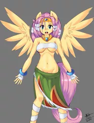 Size: 875x1150 | Tagged: anthro, artist:average-hanzo, bandeau, belly button, breasts, busty fluttershy, clothes, cosplay, crossover, derpibooru import, female, fluttershy, looking at you, midriff, open mouth, pubic fluff, side slit, skirt, solo, sonic adventure, sonic the hedgehog (series), spread wings, suggestive, tikal, underboob